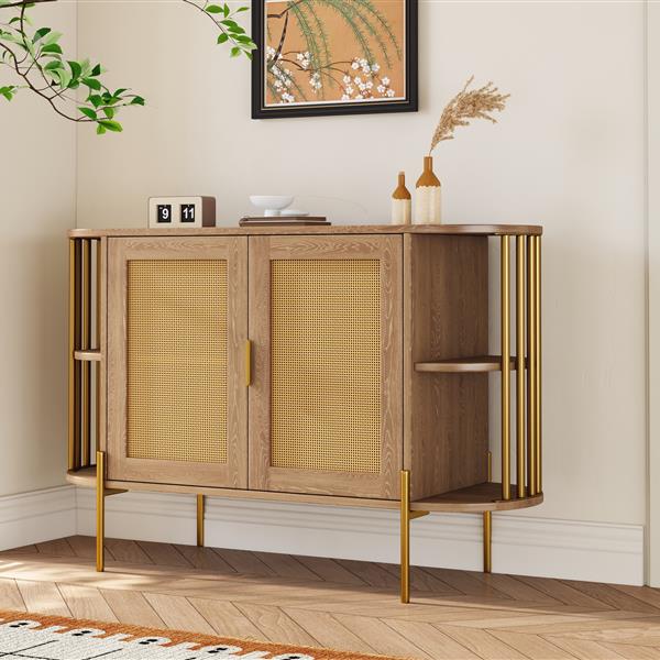 2-Door Elegant Curved Dining Cabinet with Gold Trim and Woven Rattan Doors for Dining Room (Natural)