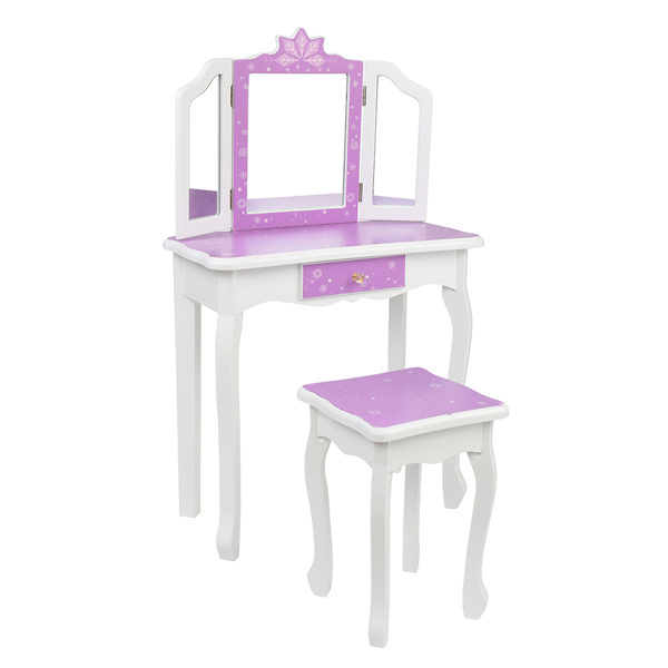 Children's Wooden Dressing Table Three-Sided Folding Mirror Dressing Table  Chair Single Drawer Purple   Snowflake Style