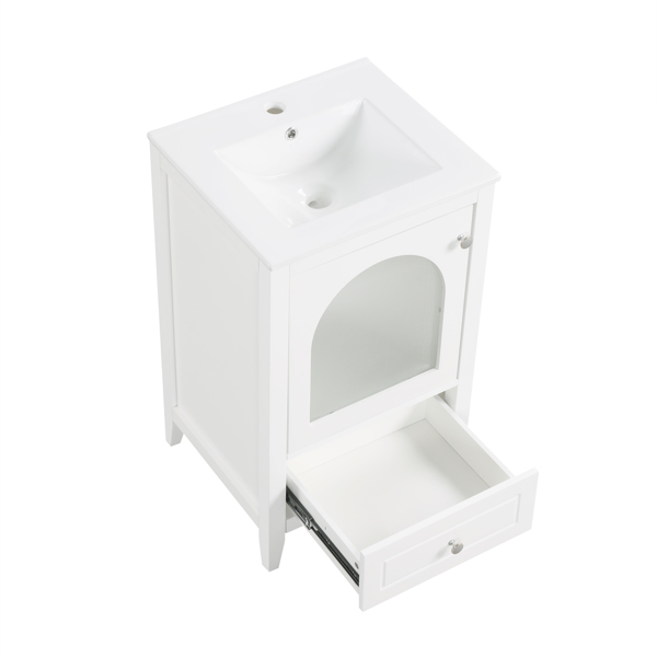 20" Bathroom Vanity with Sink, Bathroom Cabinet with Soft Closing Glass Door, A Drawer, White 