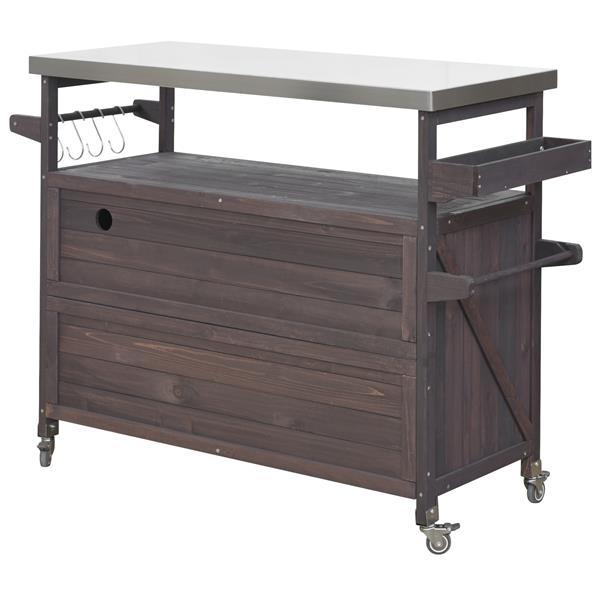  Outdoor Kitchen Island, Rolling Bar Cart & Storage Cabinet, Farmhouse Solid Wood Outdoor Grill Table with Stainless Steel Top, Spice Rack , Towel Rack for Kitchen & Barbecue , Dark Brown