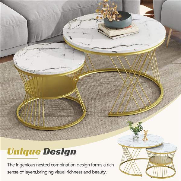 [VIDEO provided] Φ27.5'' & Φ17.7'' Nesting Coffee Table with Marble Grain Table Top, Golden Iron Frame Round Coffee Table, Set of 2, for Living Room, Balcony, White