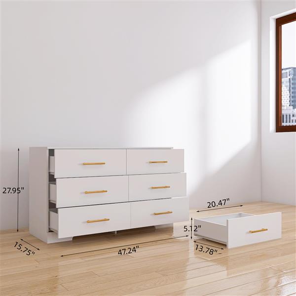 White color Large 6 drawers chest of drawer dressers table with golden handle