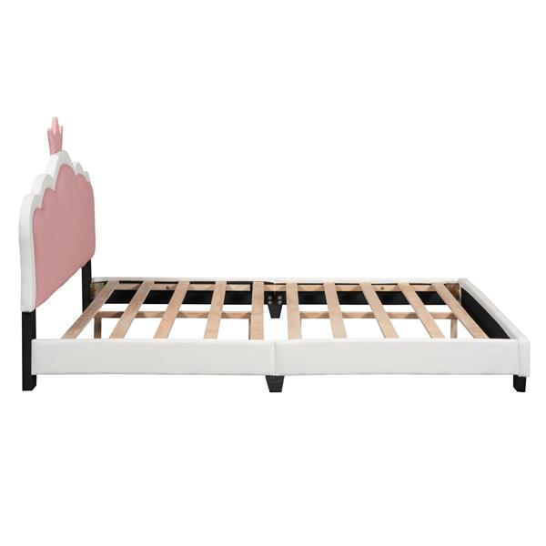 Full size Upholstered Princess Bed With Crown Headboard,Full Size Platform Bed with Headboard and Footboard, White+Pink