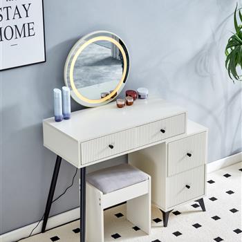 Fluted Makeup Vanity Desk with Round LED  Mirror and Lights, Modern Glass Top Big Vanity Table with 4 Drawers & Adjustable Shelves, Dressing Table Set  with stools table with movable side table