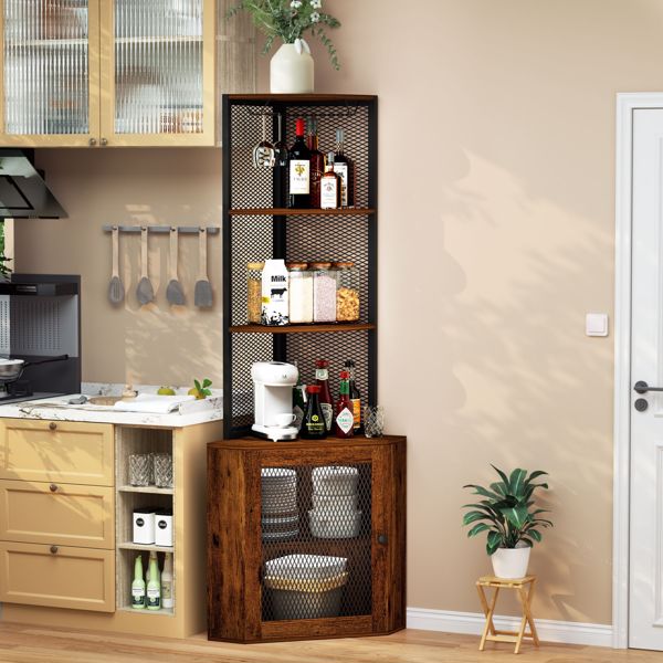 Corner Shelf with Doors, 65" Corner Cabinet  & Wine Glass Rack, 6 Tier Bookshelf Display, Freestanding Corner Storage Stand for Kitchen, Living Room, Balcony[Unable to ship on weekends, please note]