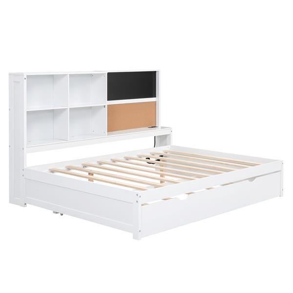 Full Size Daybed with Storage Shelves, Blackboard, Cork board, USB Ports and Twin Size Trundle, White