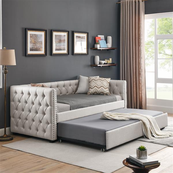 Daybed with Trundle Upholstered Tufted Sofa Bed, with Button and Copper Nail on Square Arms,both Twin Size, Beige(85"x42.5"x31.5")