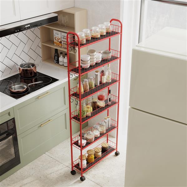 Red 6-Tier Rolling Cart Gap Kitchen Slim Slide Out Storage Tower Rack with Wheels,6 Baskets,Kitchen,Bathroom Laundry Narrow Piaces Utility cart