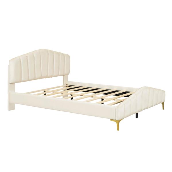 Queen Size Velvet Platform Bed with Thick Fabric, Stylish Stripe Decorated Bedboard and Elegant Metal Bed Leg, Beige