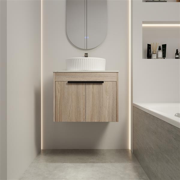 24 " Modern Design Float Bathroom Vanity With Ceramic Basin Set, Wall Mounted White Oak Vanity With Soft Close Door,KD-Packing,KD-Packing,2 Pieces Parcel(TOP-BAA0014012OO)