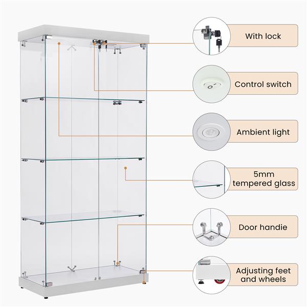 4-Tier Glass Display Cabinet, Double Door Glass Cabinet, Four Partitions, Two Locks, Floor Standing Storage Cabinet for Living Room, Bedroom, Showroom and Office, White, 31.5"L x 14.2"W x 66.3"H