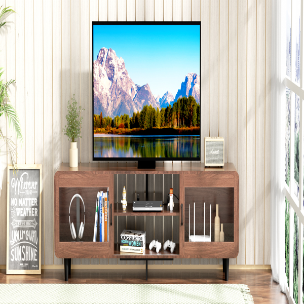 TV Stand for 55/60/65/70", Wood Entertainment Center with Power Outlets, Media Console with Sliding Doors and Open Shelf for Living Room, Walnut[Unable to ship on weekends, please note that]