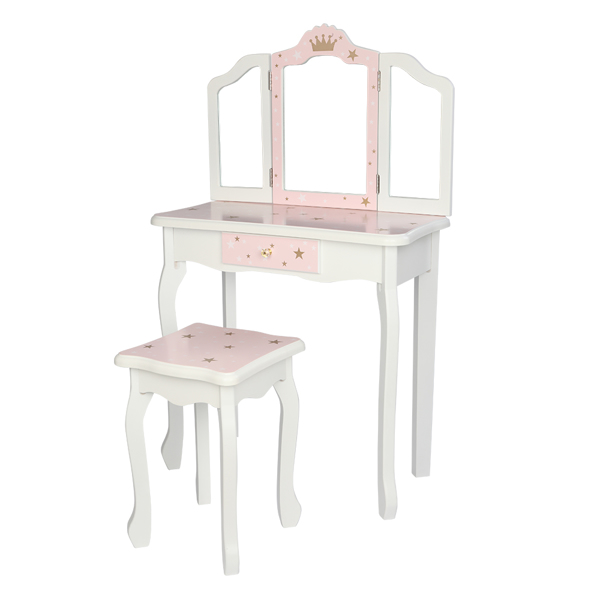 Wooden Toy Children's Dressing Table Three Foldable Mirror/Chair/Single Drawer Pink Star Style