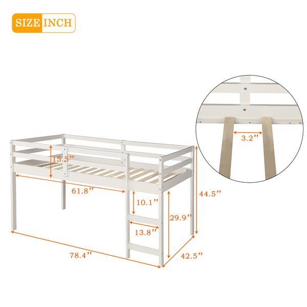 Low Study Twin Loft Bed with Cabinet and Rolling Portable Desk - White