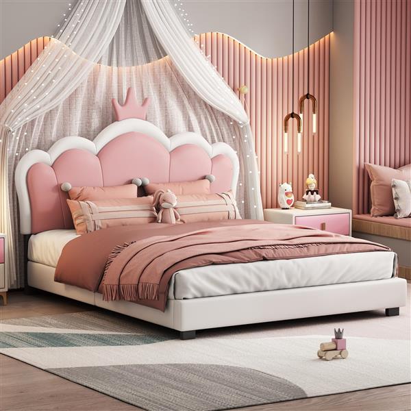 Full size Upholstered Princess Bed With Crown Headboard,Full Size Platform Bed with Headboard and Footboard, White+Pink