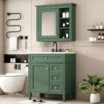 30\\'\\' Bathroom Vanity with Top Sink, Modern Bathroom Storage Cabinet with 2 Drawers and a Tip-out Drawer, Freestanding Vanity Set with Mirror Cabinet, Single Sink Bathroom Vanity 