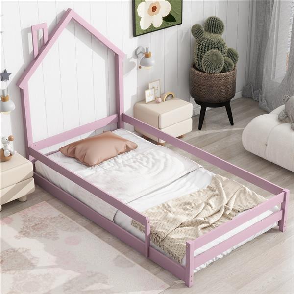 Twin Size Wood bed with House-shaped Headboard Floor bed with Fences,Pink