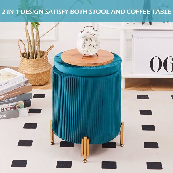 Round Ottoman Foot Stool with 23Qt Storage Velvet Footrest Stool Vanity Stool Chair Support 300lbs Modern Ottoman Coffee Table Padded Seat for Living Room Bedroom Teal