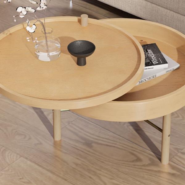 Modern Round Wood Rotating Tray Coffee Table with Storage & Metal Legs in Natural