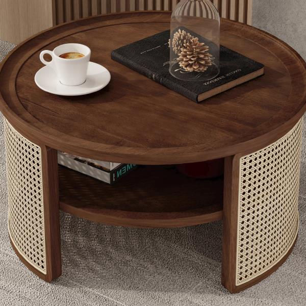 2-Tiered Round Walnut Wood Coffee Table with Storage Rattan Base in 31.3''