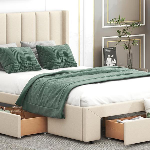 Full Size Upholstered Platform Bed with One Large Drawer in the Footboard and Drawer on Each Side,Beige