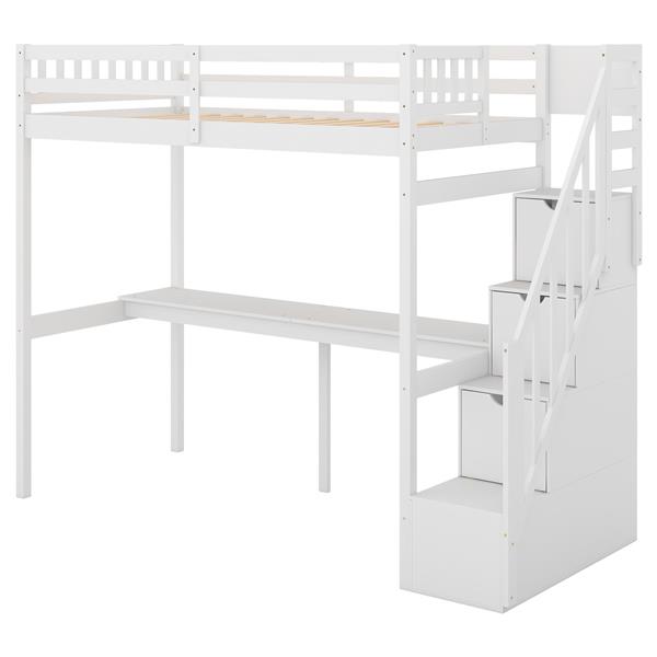 Twin Size Loft Bed with Storage Staircase and Built-in Desk, White