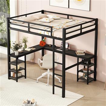 Full Metal Loft Bed with Desk and Shelves, Loft Bed with Ladder and Guardrails, Loft Bed Frame for Bedroom, Black with black desk