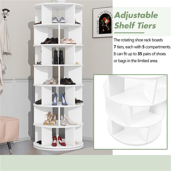 Φ23.6'' Rotating Shoe Rack Tower, 7-Tier Spinning Shoe Shelf with 5 Grids Per Layer, Display Rack, 360° Revolving Shoe Carousel Closet Organizer for Entryway, Living Room, White