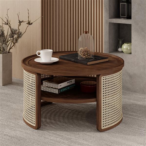 2-Tiered Round Walnut Wood Coffee Table with Storage Rattan Base in 31.3''