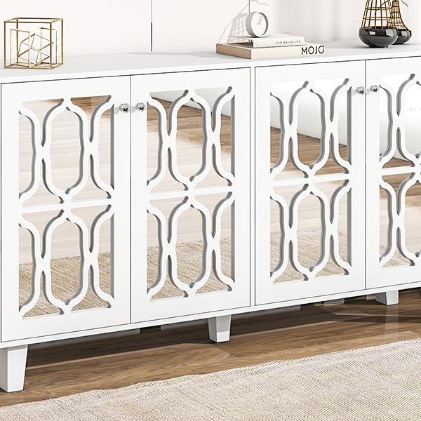 Buffet Cabinet with Adjustable Shelves, 4-Door Mirror Hollow-Carved TV stand for TVs Up to 70'', Multi-functional Console Table with Storage Credenza Accent Cabinet for Living Room, White