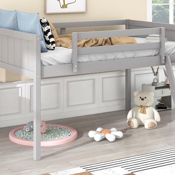 Twin Size Wood Low Loft Bed with Ladder, ladder can be placed on the left or right, Gray