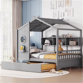 Wooden Full Size House Bed With Trundle, Modern Design for Kids with Storage Shlef, Gray