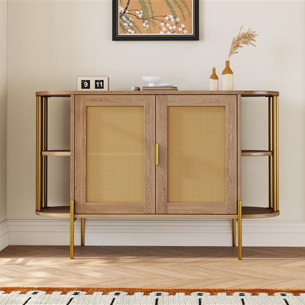 2-Door Elegant Curved Dining Cabinet with Gold Trim and Woven Rattan Doors for Dining Room (Natural)