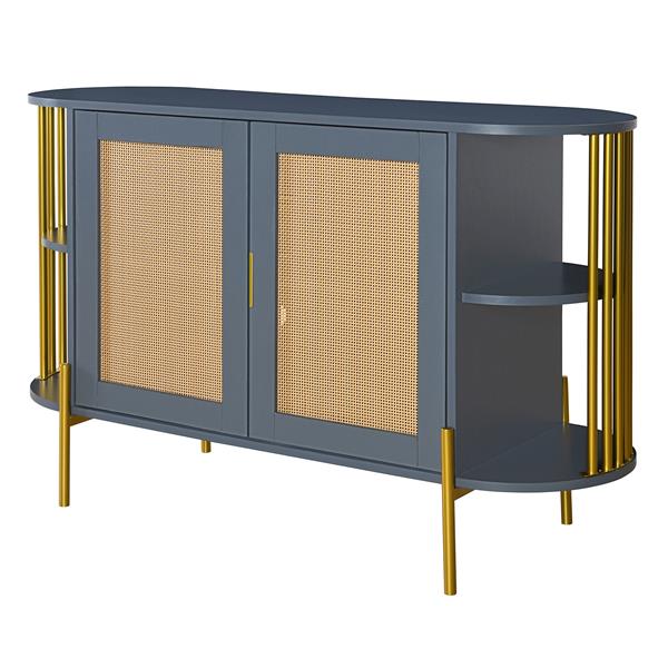 2-Door Elegant Curved Dining Cabinet with Gold Trim and Woven Rattan Doors for Dining Room (Dark Gray)