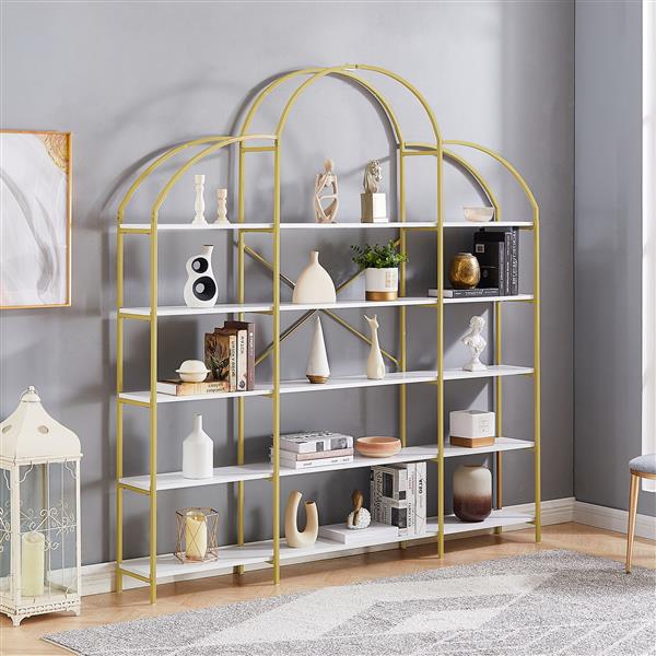 74.8 Inch 5 Tiers Office Bookcase Bookshelf, Display Shelf with Round Top, X Bar Gold Frame