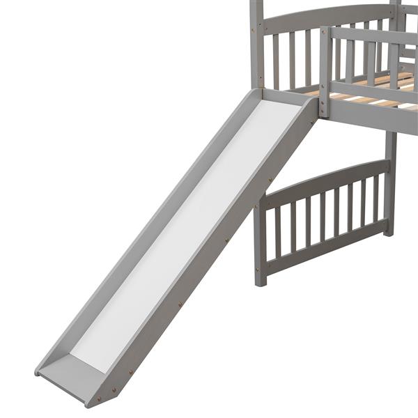 Twin Loft Bed with Slide, House Bed with Slide，Grey