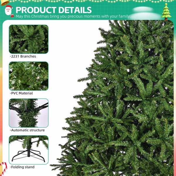 7ft Artificial Christmas Tree, Premium Unlit Hinged Spruce Full Tree with 2231 Branch Tips, Metal Stand, Hinged Structure, Easy Assembly Festival Celebration Xmas Tree for Home, Office, Party 