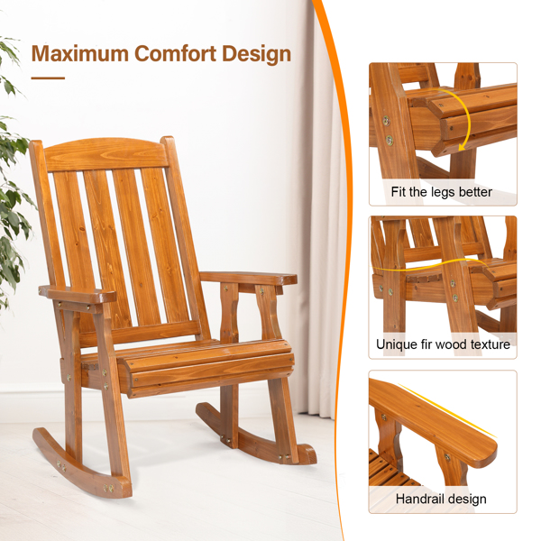 Teak color fir vertical stripe back wooden rocking chair