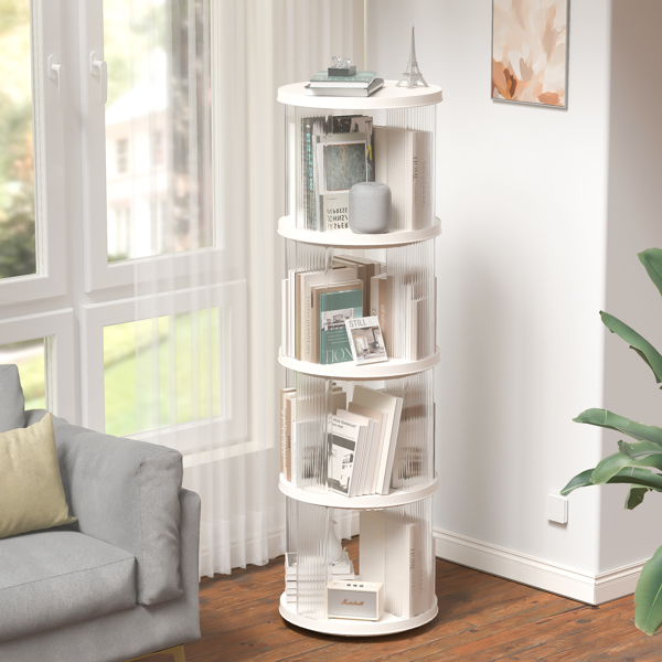 360° Rotating Bookshelf, Small Corner Bookcase with Small Footprint, 4 Tier Floor Standing Bookcase for Kids&Adults, Narrow Book Shelf Organizer for Bedroom, Living Room, Round, White 