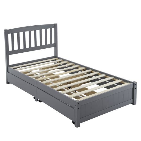 Four Large Drawers Pinewood Bed with a Curved Vertical Headboard Featuring Twin Gray