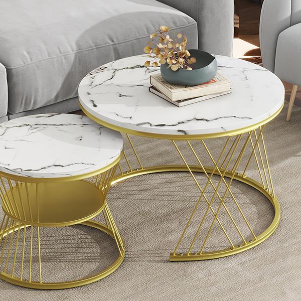 [VIDEO provided] Φ27.5'' & Φ17.7'' Nesting Coffee Table with Marble Grain Table Top, Golden Iron Frame Round Coffee Table, Set of 2, for Living Room, Balcony, White