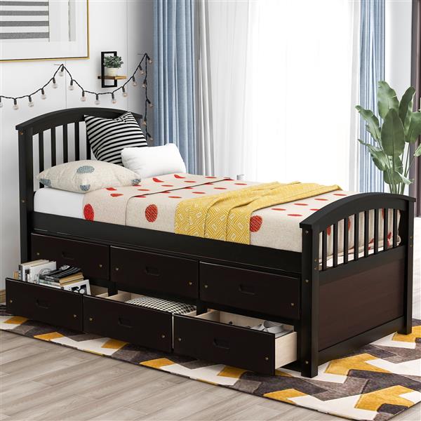 . Twin Size Platform Storage Bed Solid Wood Bed with 6 Drawers