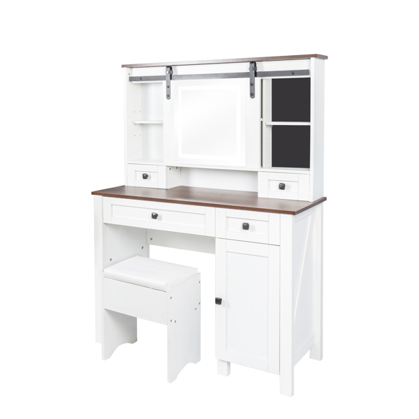 Farmhouse Makeup Vanity with Mirror and Lights,41.73" Wide Vanity Desk ,Vanity Table with 4 Drawers and 1 Cabinet,3 Color Modes, Dressing Table for Bedroom 