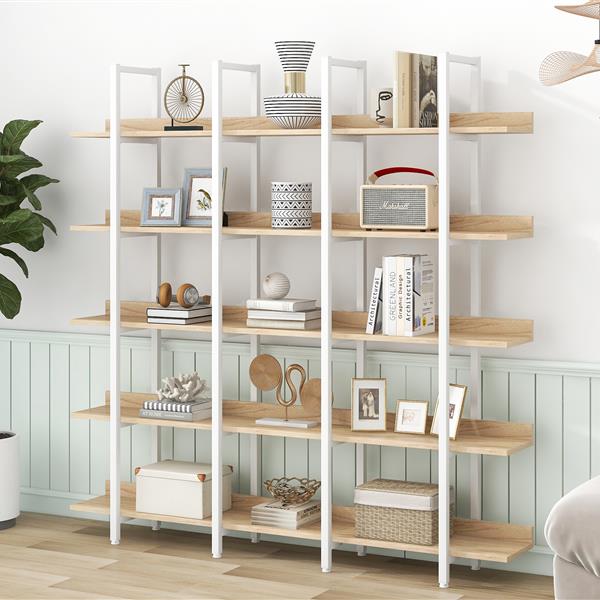 5 Tier Bookcase Home Office Open Bookshelf, Vintage Industrial Style Shelf, MDF Board, White Metal Frame, Oak