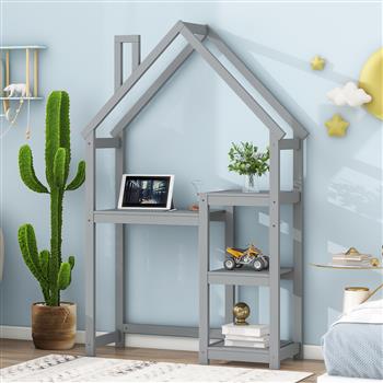 <b style=\\'color:red\\'>House</b>-shaped Wooden writing Desk,Kids study Table,Bookshelf & Toy Storage,Grey