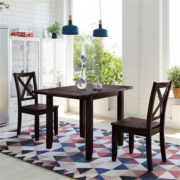 3-Piece Wood Drop Leaf Breakfast Nook Dining Table Set with 2 X-back Chairs for Small Places, Espresso