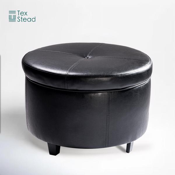 Round Leather Storage Ottoman Footstool with Wood-Based Panel - Hardwood Upholstered Footrest with Lid for Living Room and Bedroom Use