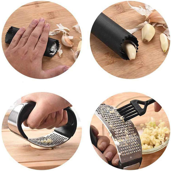 Stainless Steel Garlic Press, Household Manual Garlic Masher, Kitchen Ginger Garlic Masher, With Silicone Peeler and Cleaning Brush