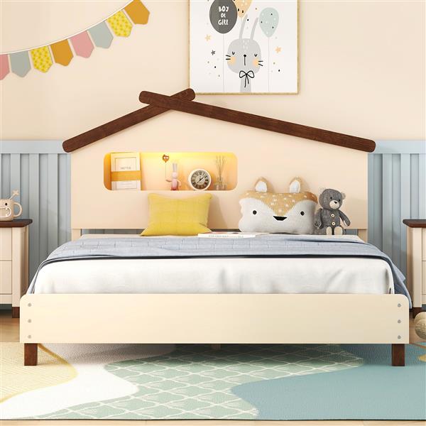 Full Size Wood Platform Bed with House-shaped Headboard and Motion Activated Night Lights (Cream+Walnut)