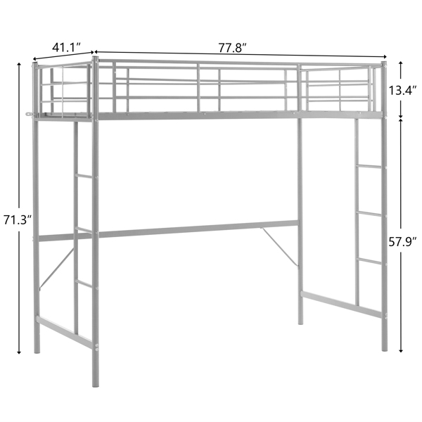 Twin Size Metal Loft Bed with Safety Guardrails & 2 Built-in Ladders, Loft Bunk Bed Frame for Teens Juniors Adults, Space Saving, Noise Free, No Box Spring Needed, Grey